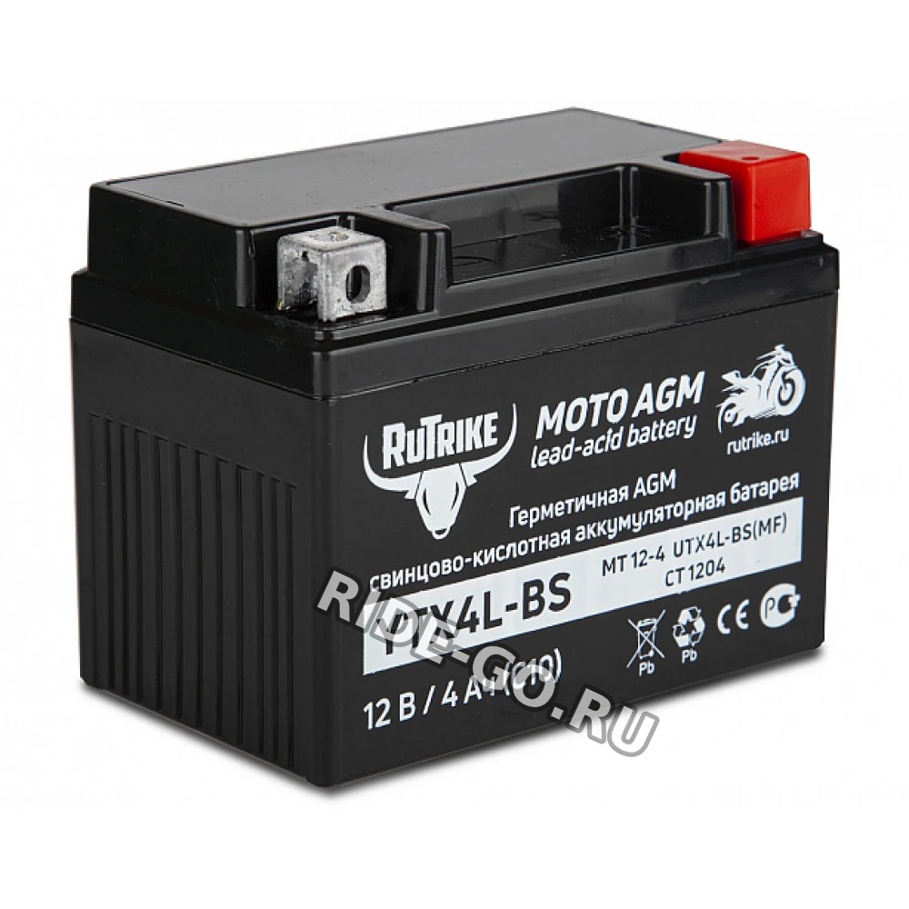 Тяговый стартерный аккумулятор Rutrike YTX4L-BS (12V/4Ah) (UTX4L-BS, CT 1204, MT 12-4)