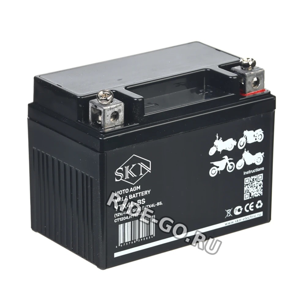 Аккумулятор стартерный для мототехники SKN YTX4L-BS (12V/4Ah/50A) [UTX4L-BS, CT 1204, MT 12-4]